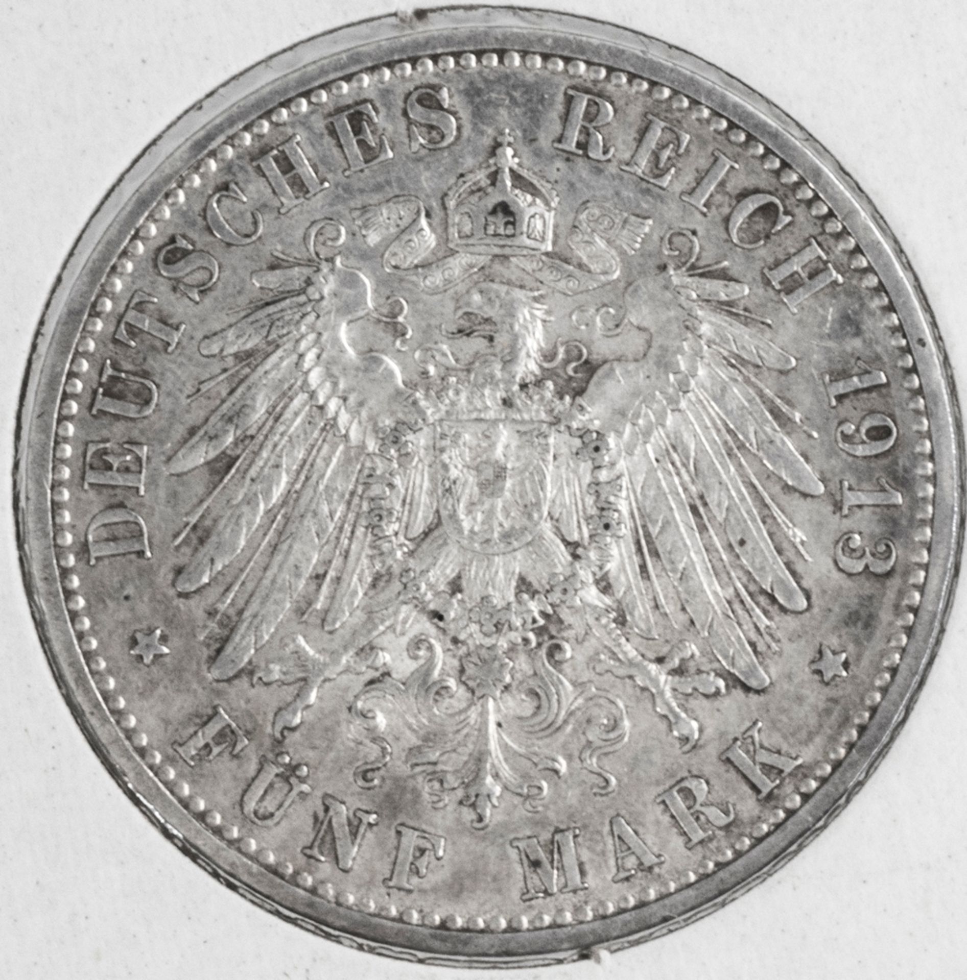 Deutsches Kaiserreich Preußen 1913 A, 5.- Mark - Silbermünze "Wilhelm II. in Uniform". Erhaltung: - Bild 2 aus 2