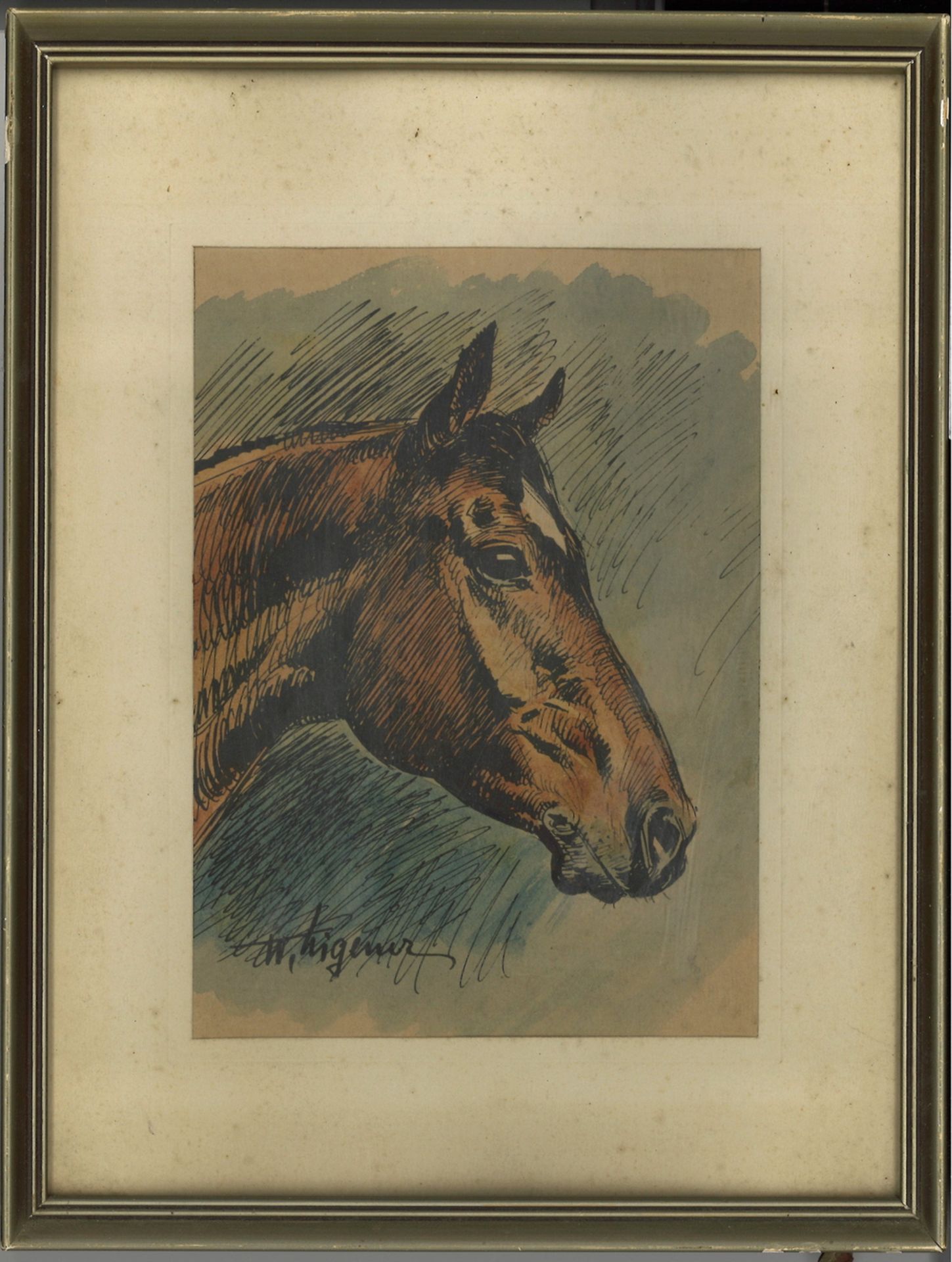 Wilhelm Eigener (1904-1982), Aquarell auf Papier "Pferdekopf", links unten Signatur. Hinter Glas