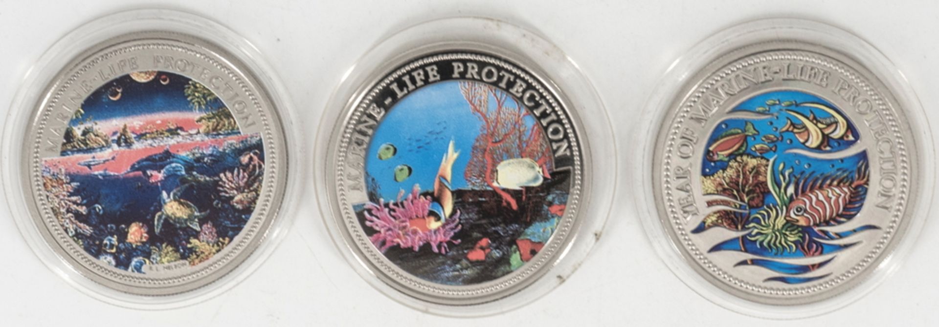 Palau 1992/94, drei 1 Dollar - Farbmünzen "Marine Live Protection". Erhaltung: PP