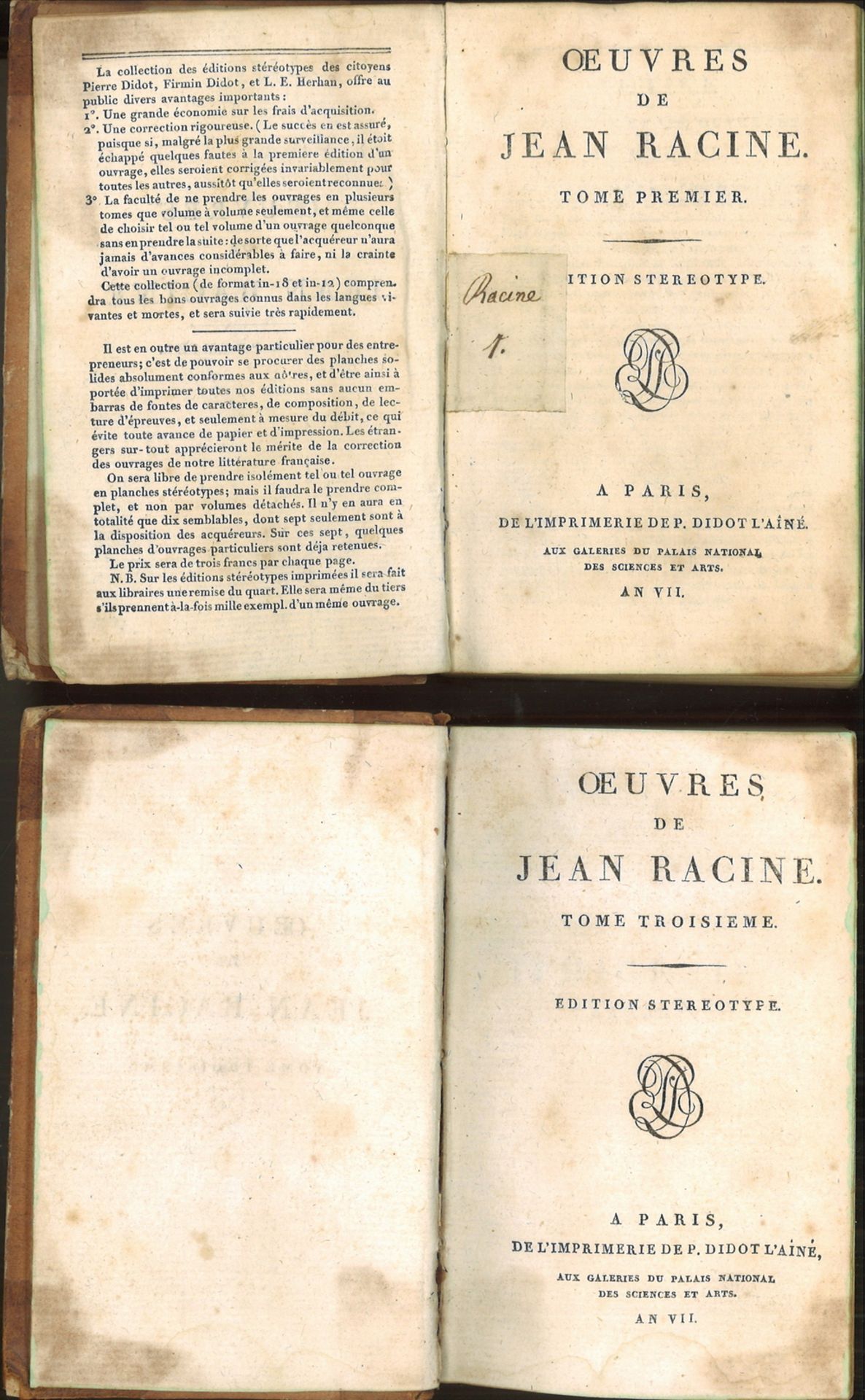 2 alte Bücher, dabei "Ouvres de Jean Racine. Tome Troisieme." Edition Stereotype und "Ouvres de Jean