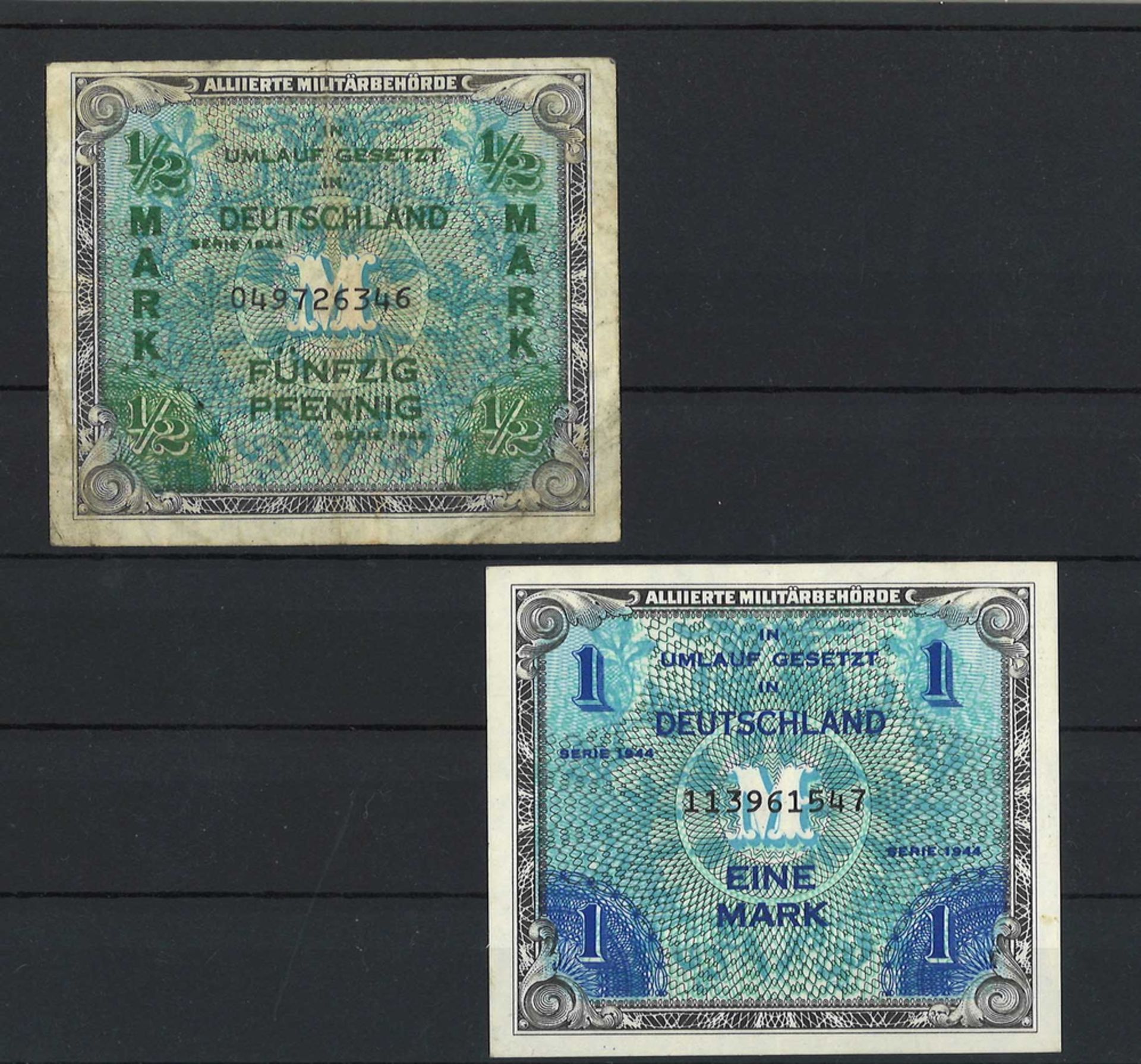 2 Banknoten, alliierte Militärbehörde 1944 in Deutschland