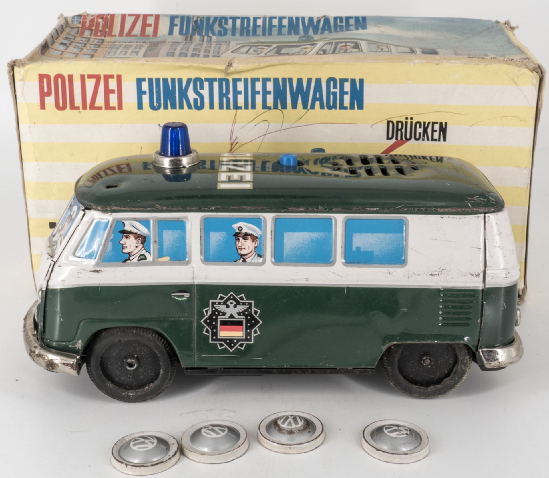 Yonezawa Polizei Funkstreifenwagen VW T1. Blech. 60er Jahre. Friktionsantrieb,