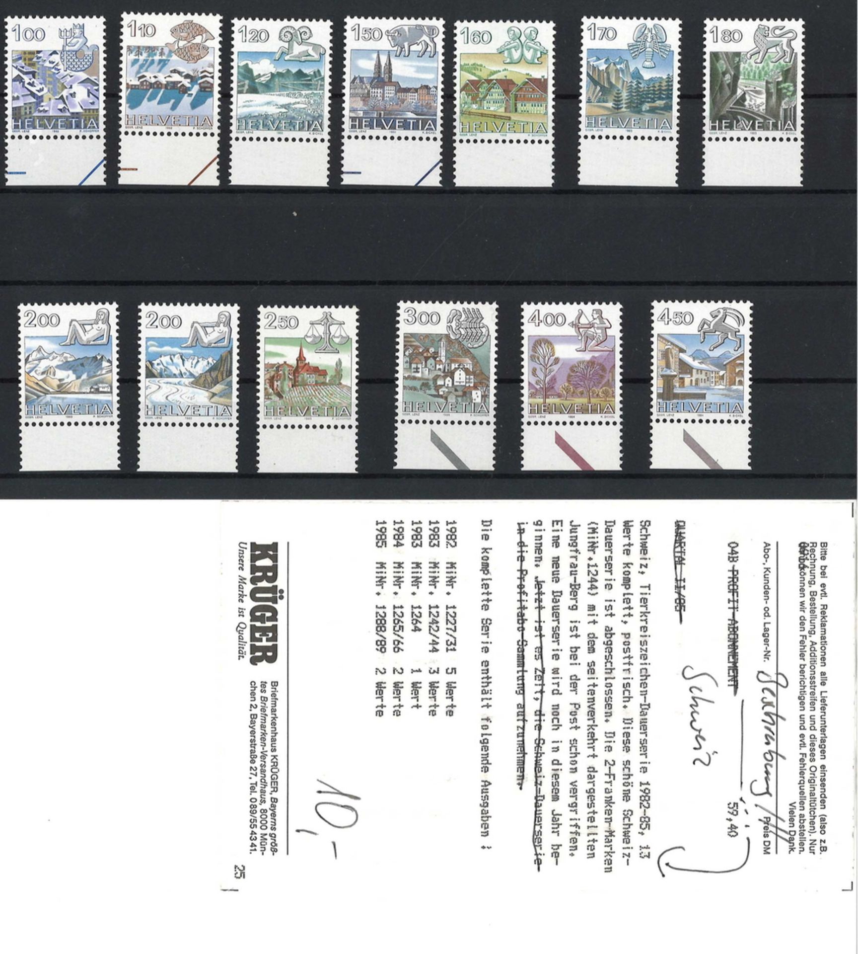 Schweiz, Tierkreiszeichen-Dauerserie 1982-85, 13 Werte komplett, postfrisch. Diese schöne Schweiz-