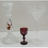 3 teile Glas dabei 1 Biedermeier Kerzenständer milchglas, 1 Weinglas sowie 1 Rubinrotes