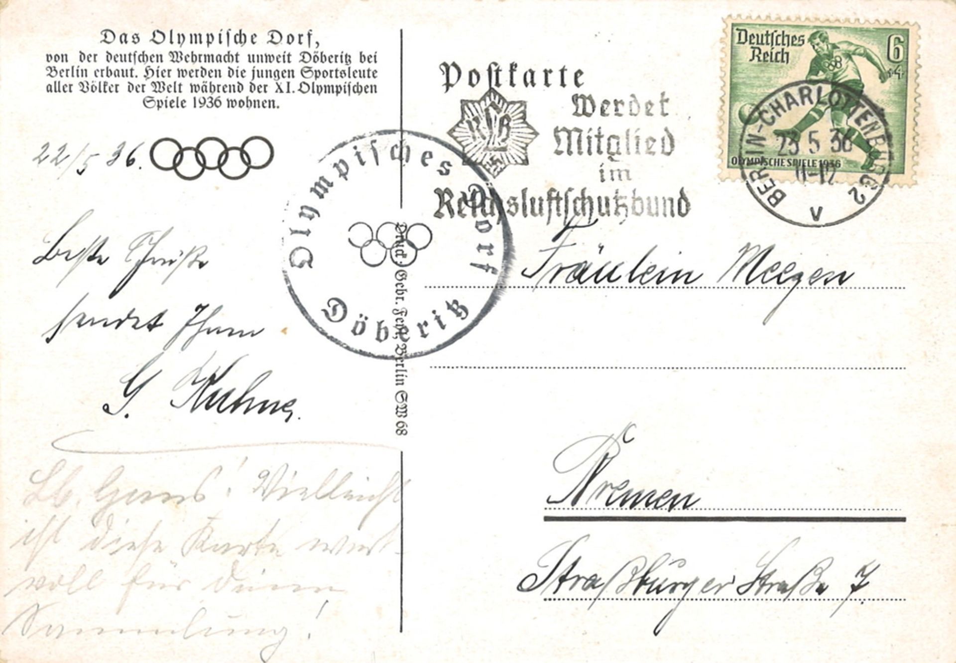 Postkarte werdet Mitglied im Reichsluftbund "Das Olympische Dorf" Berlin 1936, gelaufen - Image 2 of 2