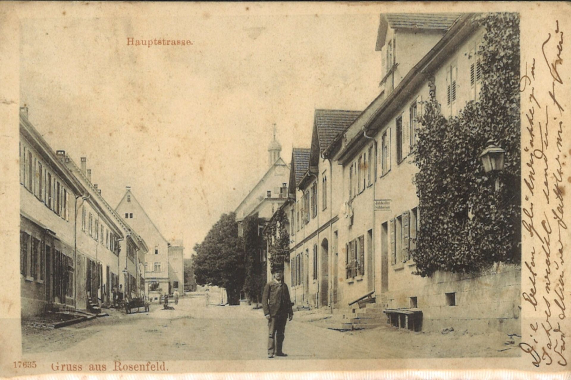 Postkarte "Gruss aus Rosenfeld" Ansicht Hauptstrasse, gelaufen.