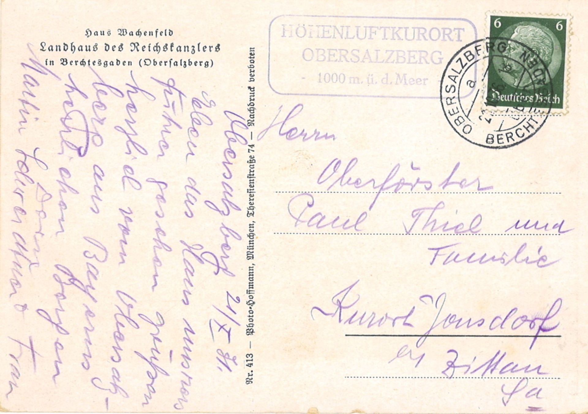 Postkarte "Haus Wachenfeld. Landhaus des Reichskanzlers im Berchtesgaden (Obersalzberg)" Nr. 413 - Image 2 of 2