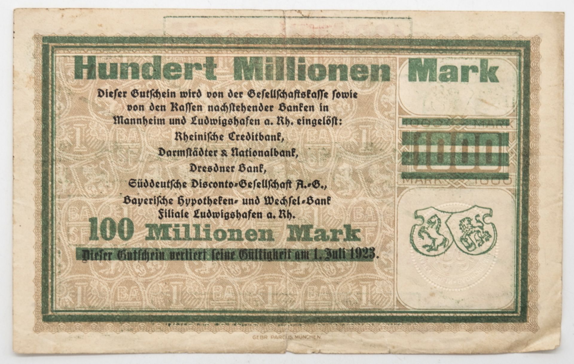 Deutschland 1922, BASF Ludwigshafen a. Rhein, Notgeld 100 Millionen Mark. Erhaltung: ss. - Image 2 of 2