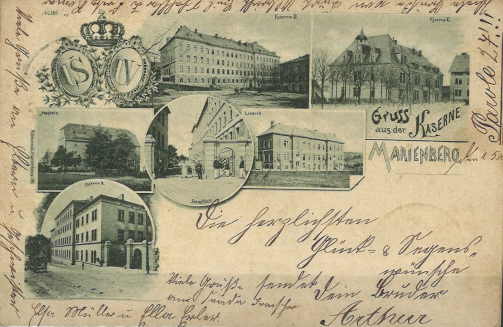 Postkarte "Gruss aus der Kaserne Marienberg", gelaufen. Reichspost