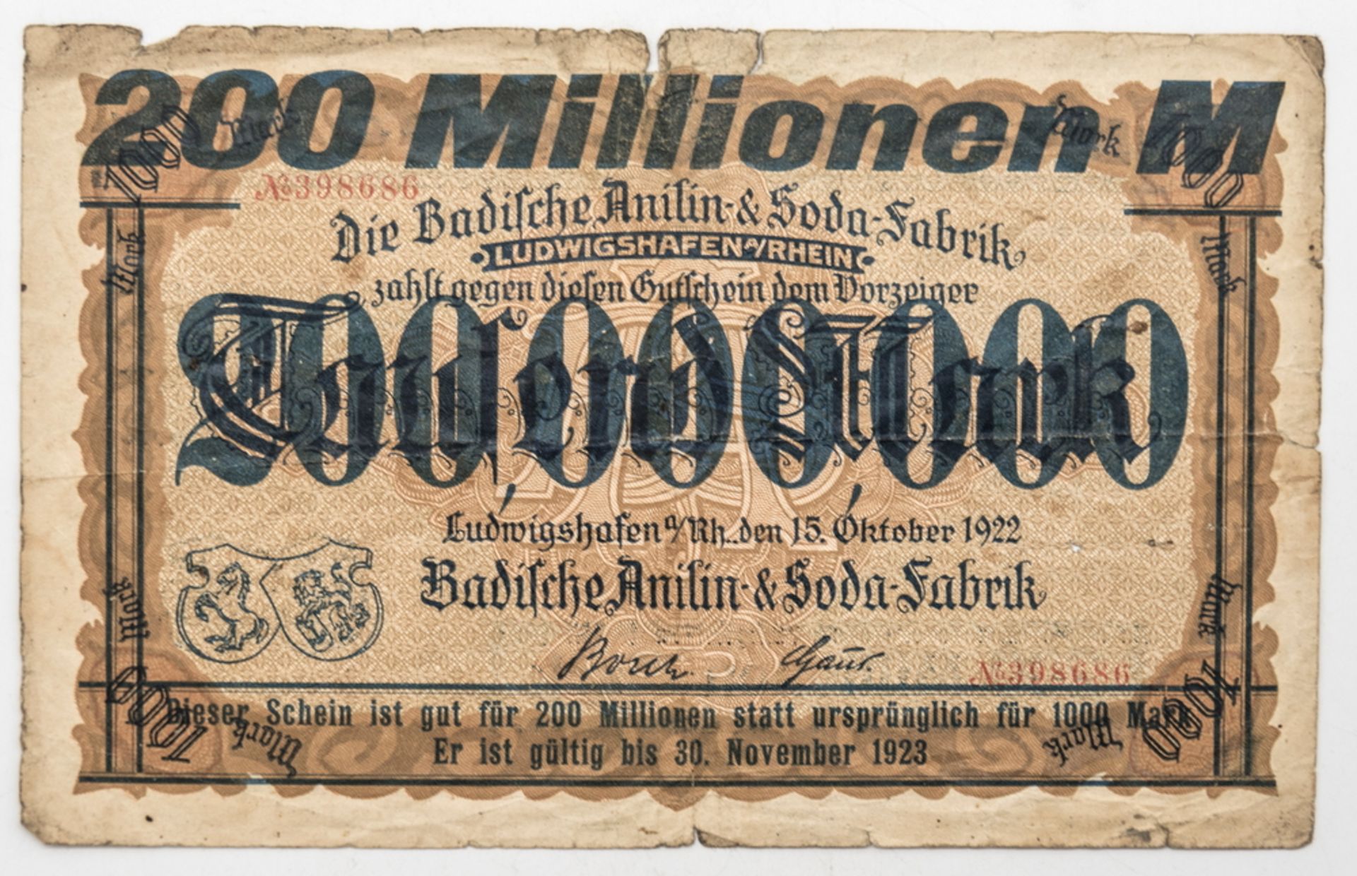 Deutschland 1922, BASF Ludwigshafen a. Rhein, Notgeld 200 Millionen Mark. Erhaltung: ss.