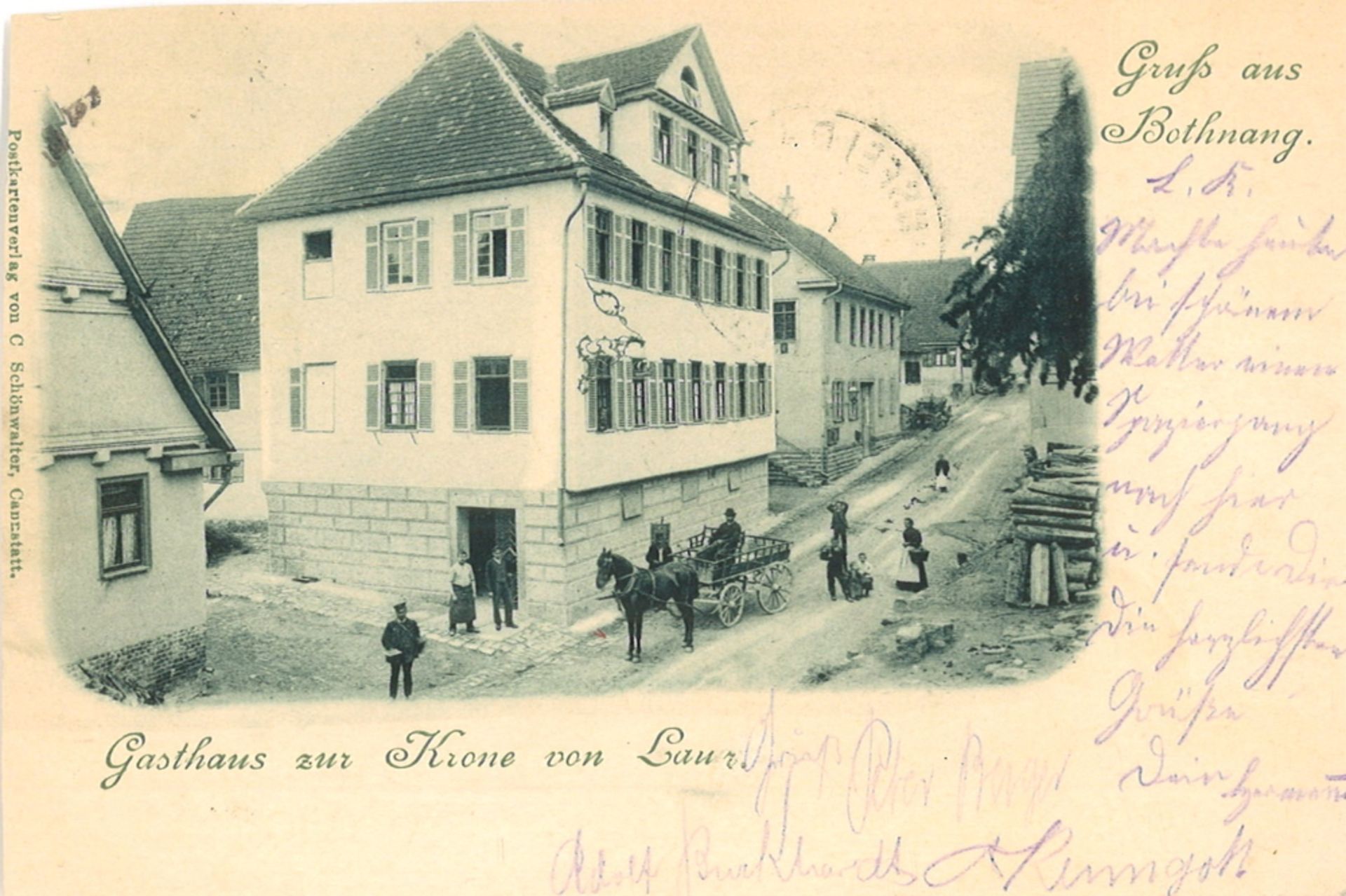 Postkarte Gasthaus zur Krone von Laur. "Gruß aus Bothang", gelaufen