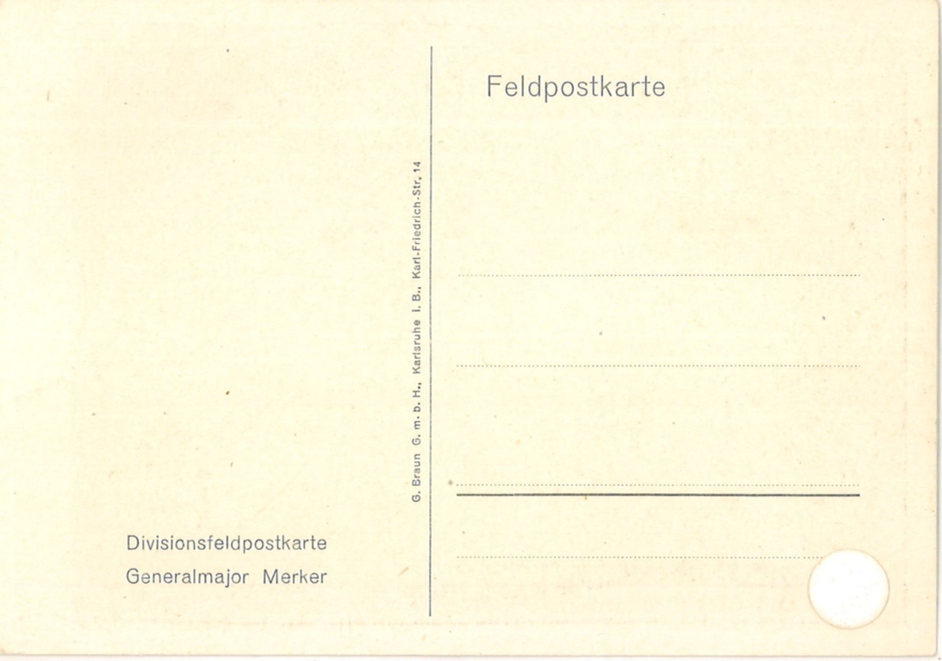 Feldpostkarte. Divisionsfeldpostkarte Generalmajor Merker - Image 2 of 2