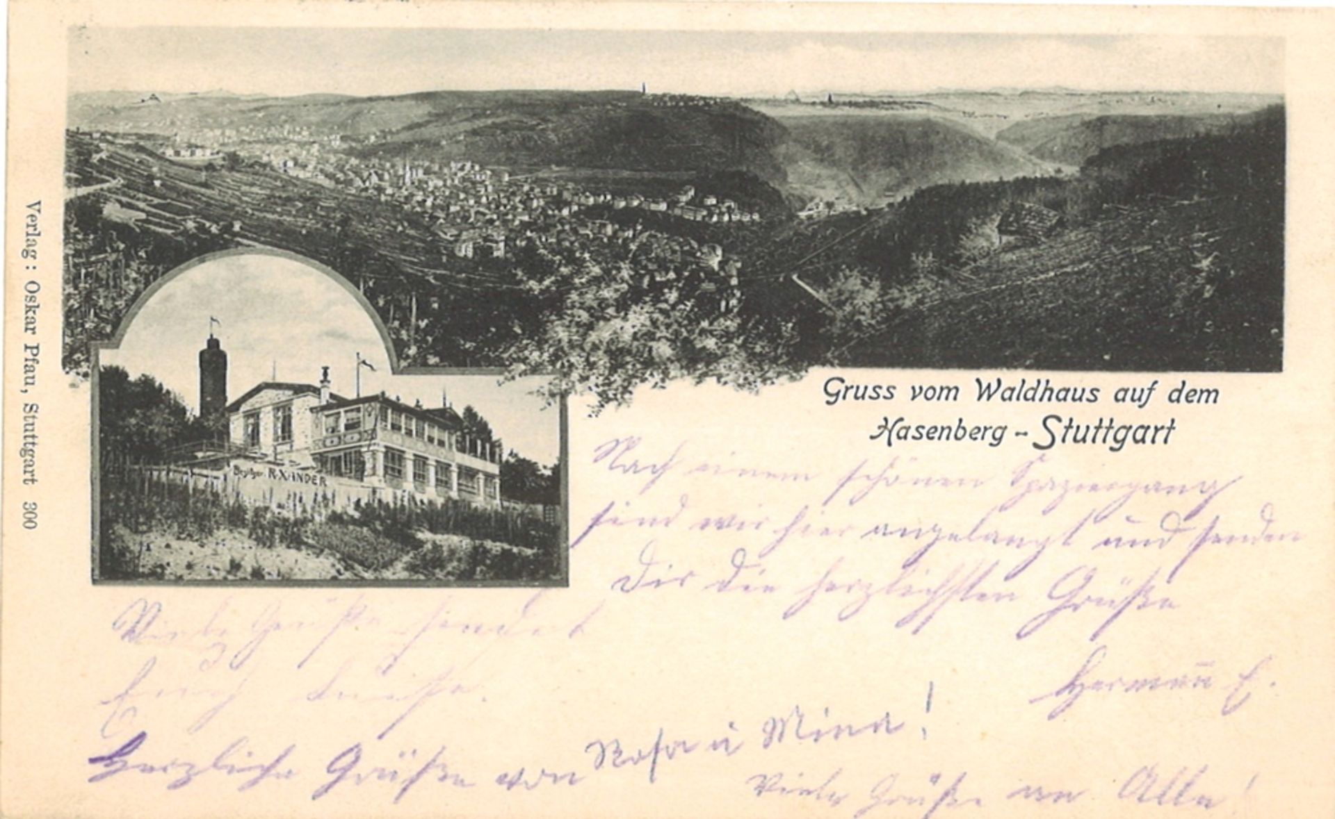 Postkarte "Gruss vom Waldhaus auf dem Hasenberg - Stuttgart" Verlag Oskar Pfau, Stuttgart, gelaufen