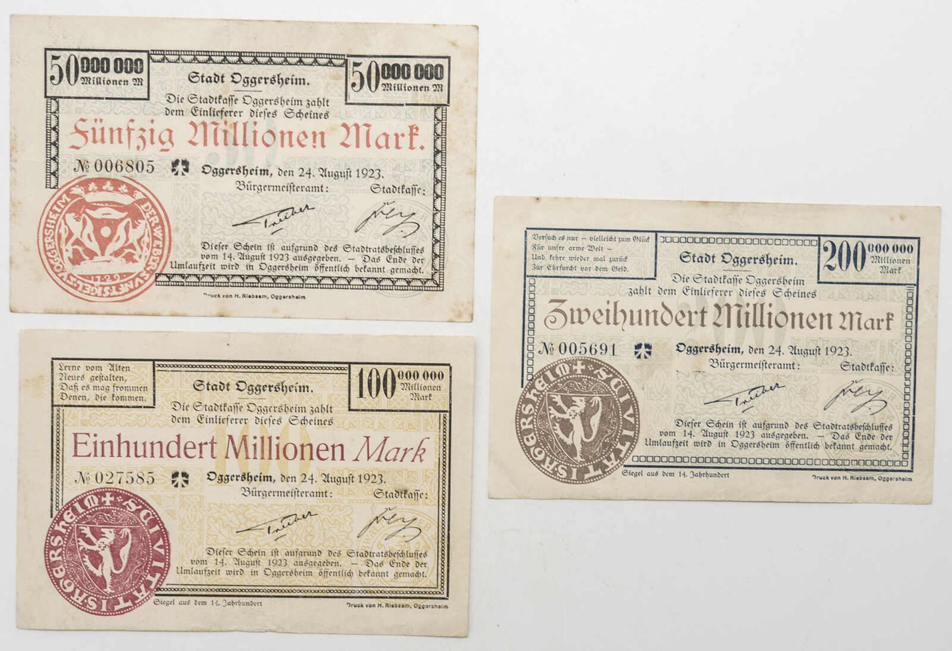 Deutschland 1923, Stadt Oggersheim Banknoten: 50 Millionen, 100 Millionen und 200 Millionen Mark.