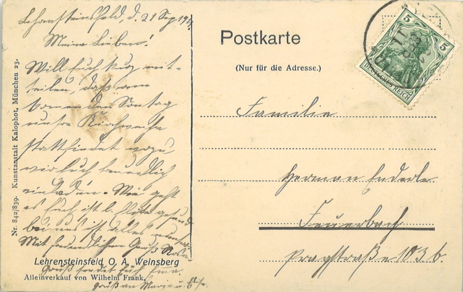 Postkarte "Lehrensteinsfeld O A Weinsberg" Nr. 842/839, gelaufen - Bild 2 aus 2