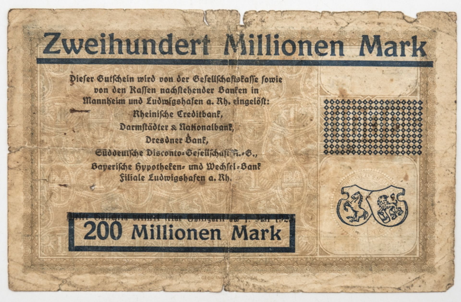 Deutschland 1922, BASF Ludwigshafen a. Rhein, Notgeld 200 Millionen Mark. Erhaltung: ss. - Image 2 of 2