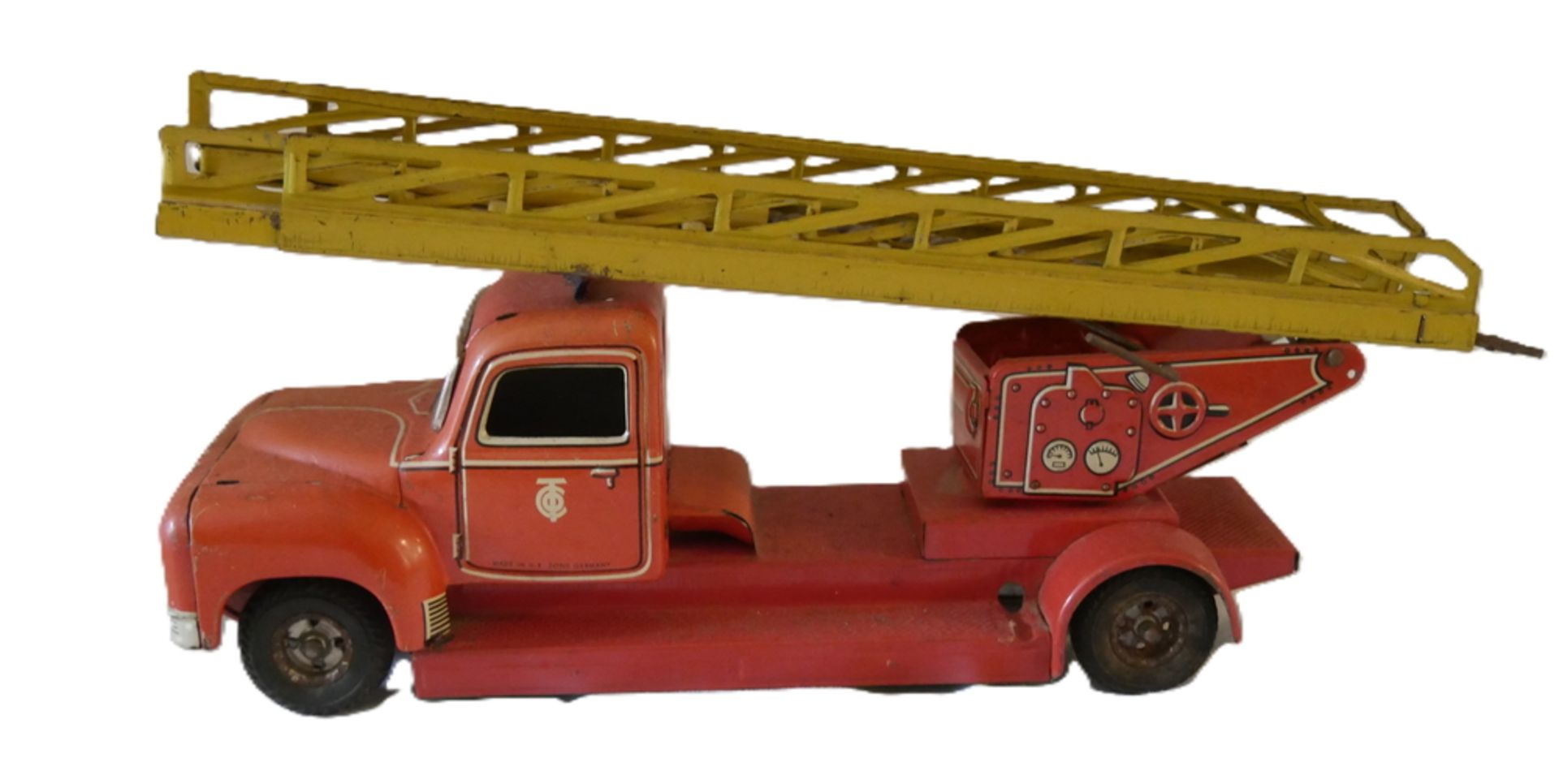 Tippco, Blechspielzeug, Feuerwehrauto, ca. 1950er Jahre. Nicht vollständig, bespielter Zustand.