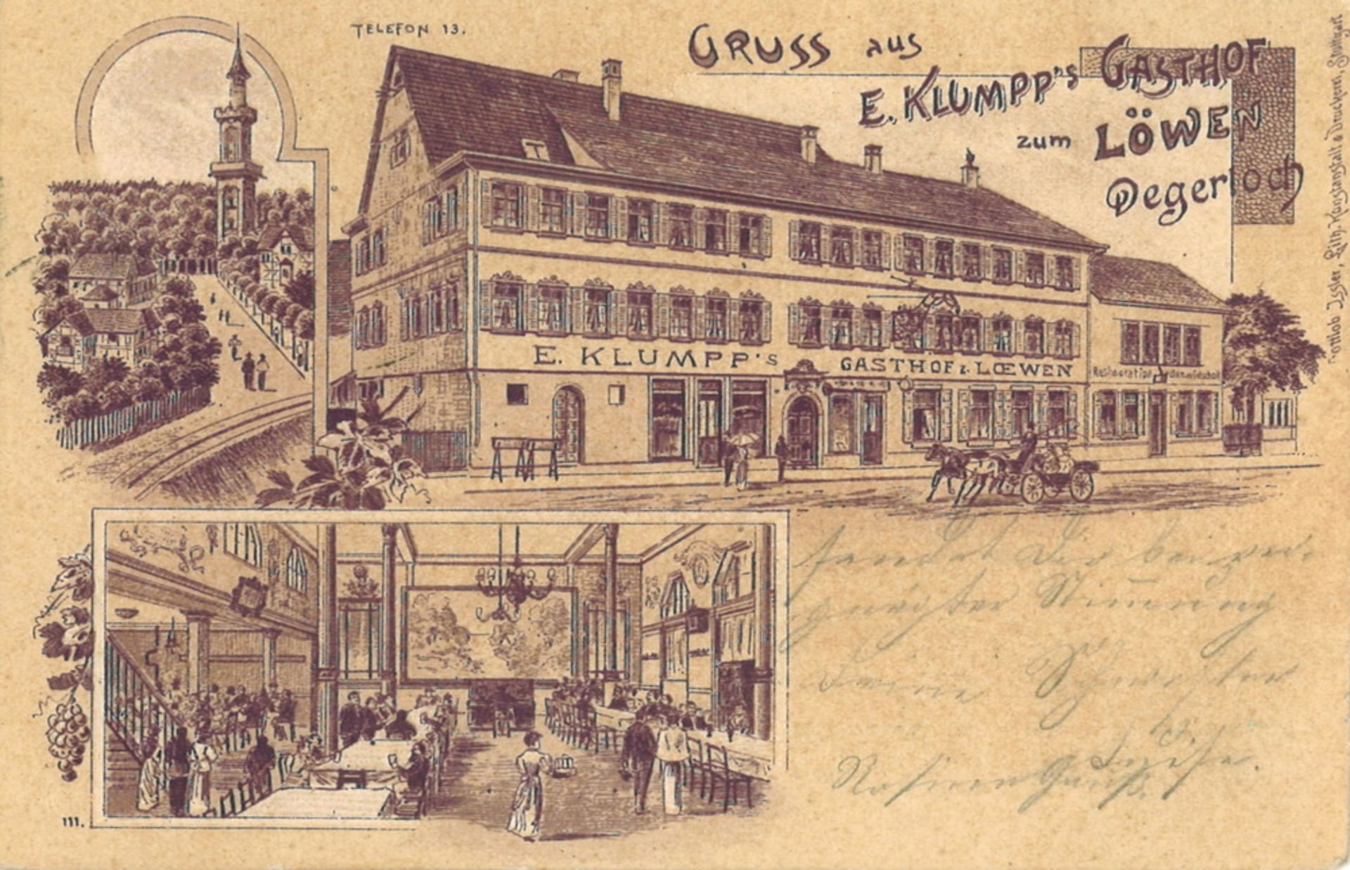 Postkarte "Gruss aus E. Klumpps Gasthof zum Löwen Degerloch", gelaufen