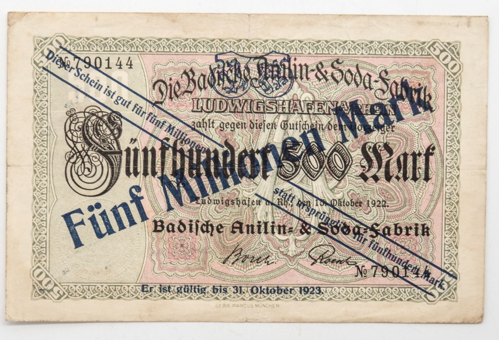 Deutschland 1922, BASF Ludwigshafen a. Rhein, Notgeld 5 Millionen Mark. Erhaltung: ss.