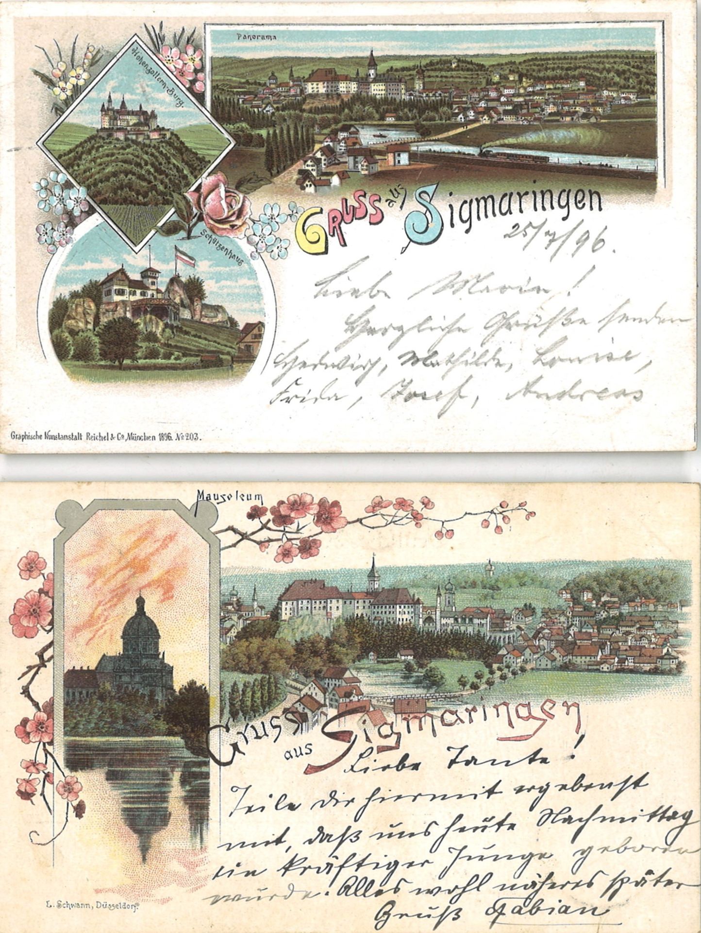 2 Deutsche Reichspost Postkarten "Gruss aus Sigmaringen", gelaufen
