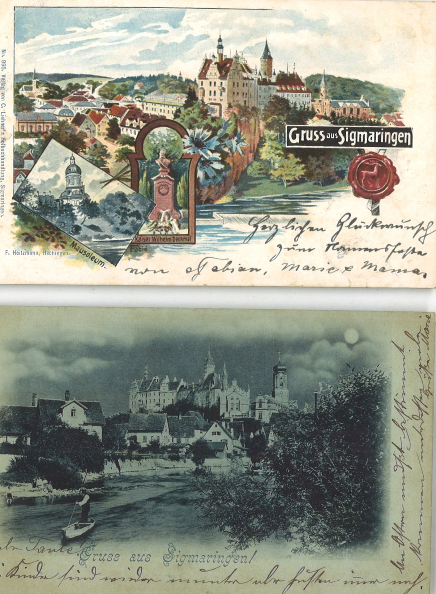 2 Postkarten "Gruss aus Sigmaringen", gelaufen. Reichspost