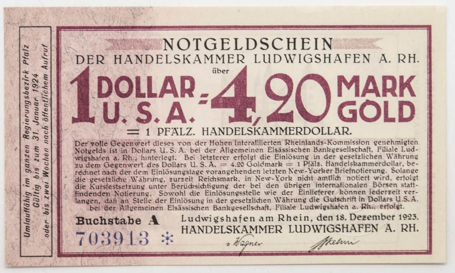 Deutschland 1923, BASF Ludwigshafen a. Rhein, Gutschein über 4,2 Goldmark = 1 Dollar. Erhaltung: