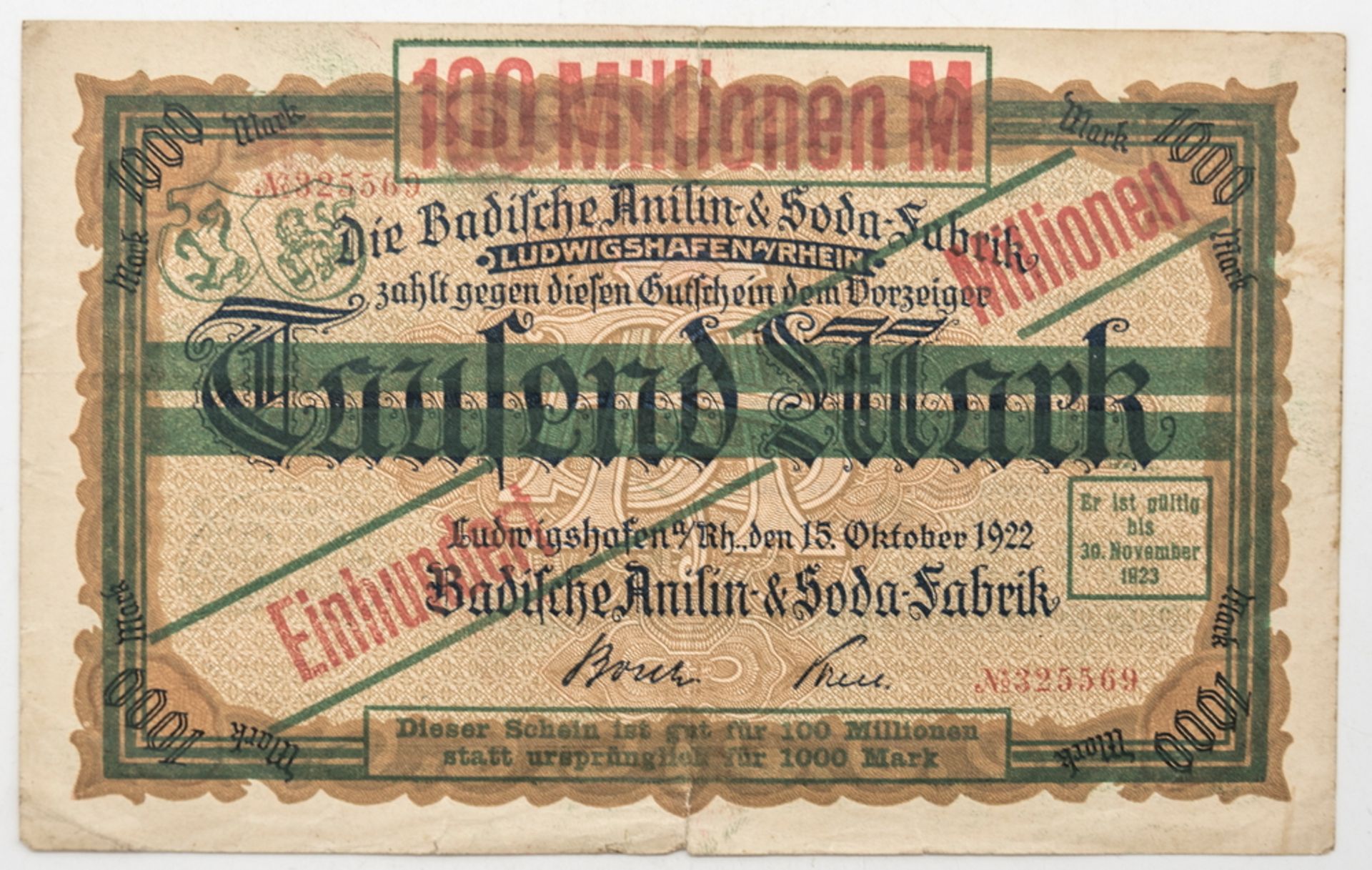 Deutschland 1922, BASF Ludwigshafen a. Rhein, Notgeld 100 Millionen Mark. Erhaltung: ss.