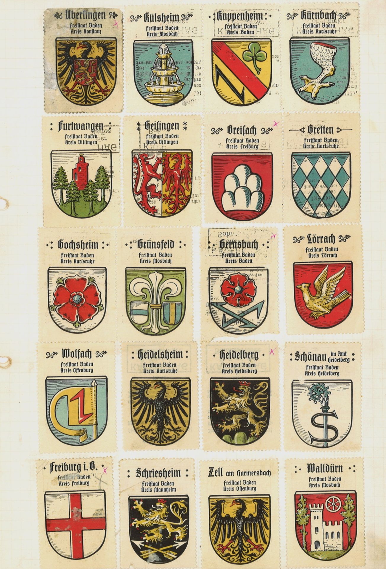 über 400 verschiedene Werbemarken "Kaffee Hag" mit Deutschen Ortswappen, auf Albenblätter geklebt.