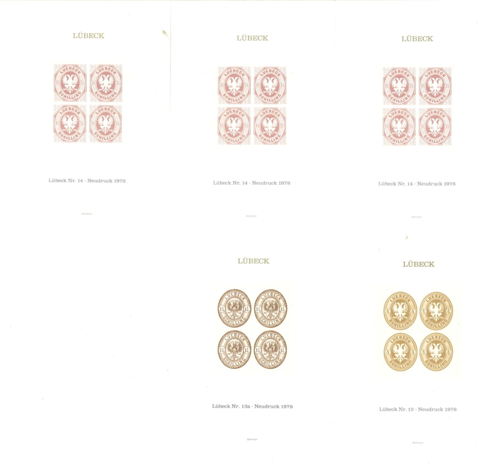 Vignetten Lübeck 3 x Nr.14, 1 x Nr.12 und 1 x Nr. 13a, Neudruck 1978