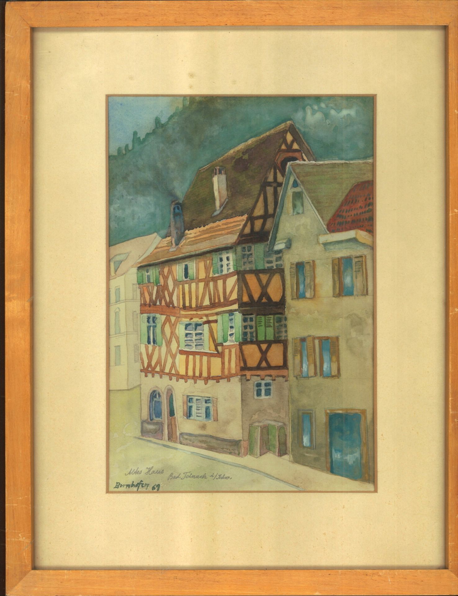 Aquarell "Altes Haus Bad Teinach i/Schw." links unten Signatur Bernhofen 69. Hinter Glas gerahmt.