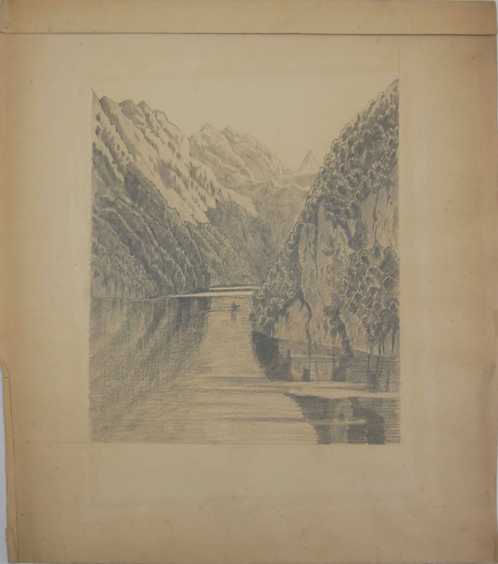 Bleistiftzeichnung "See im Gebirge", ohne Signatur, Maße: Breite ca. 28 cm und Höhe ca. 35 cm,