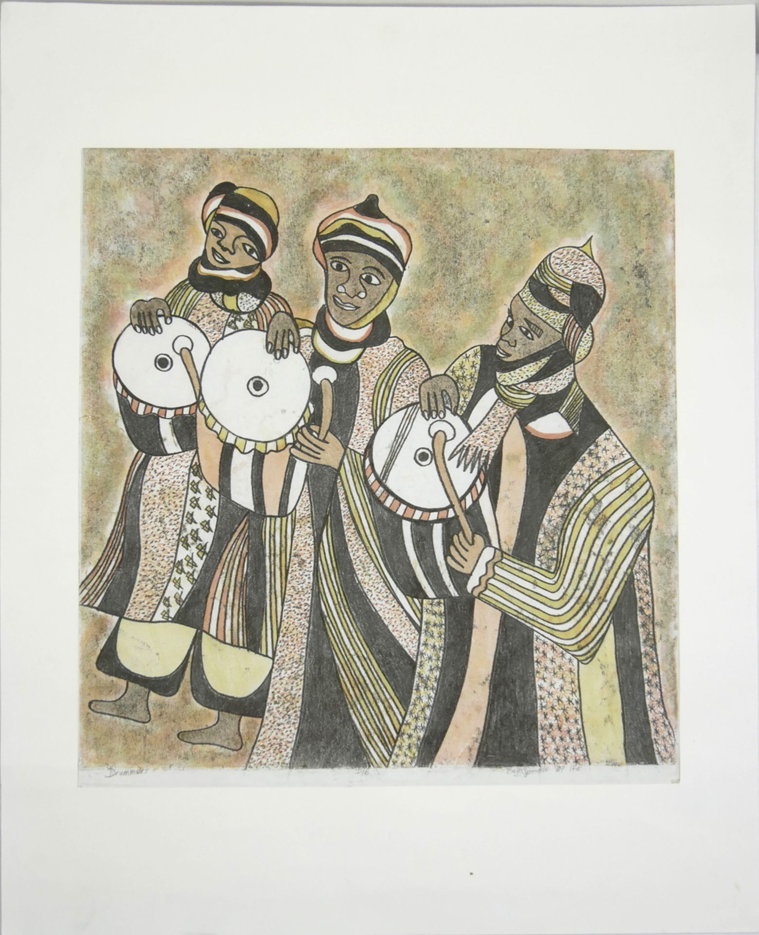 Bayo OGUNDELE (1949) Monotypie "Drummers", rechts unten handsigniert Bayo Ogundele. Gesamtmaße: Höhe
