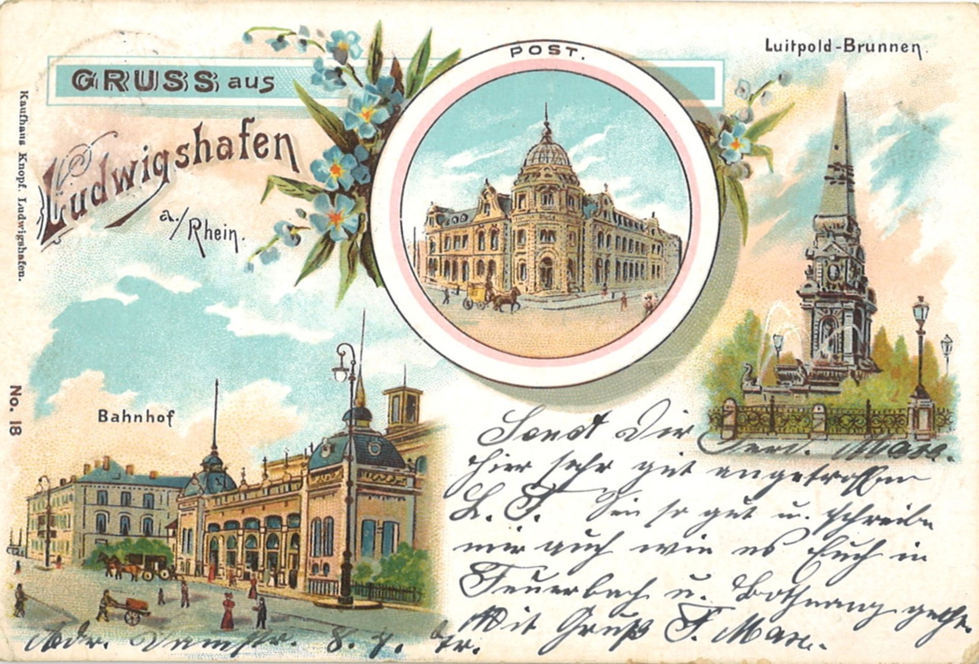 Postkarte "Gruss aus Ludwigshafen am Rhein" Kaufhaus Knopf Nr. 18, gelaufen