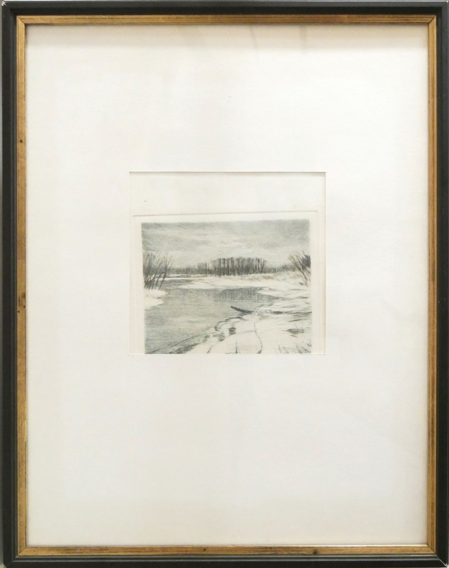 Lithografie "Fluss im Winter" von Werner Brand (* 18. Januar 1933 in Löbau, Sachsen; † 30. Juni 2021