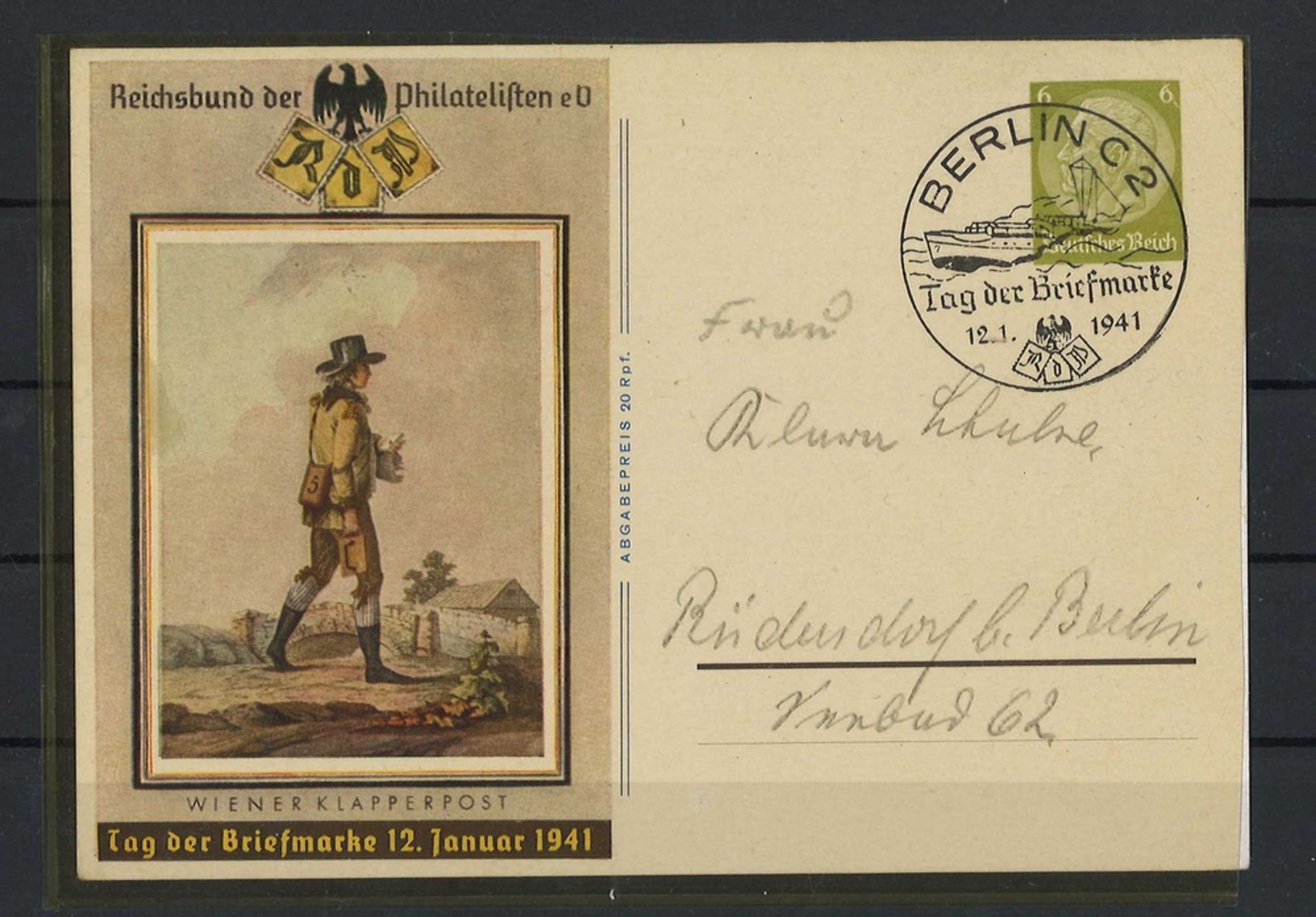 Reichsbund der Philatelisten eV "Wiener Klapperpost" Tag der Briefmarke 12. Januar 1941