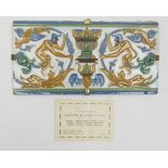 Antike Jugendstil Majolika-Fliese "Carmina", M. Ramos, Spanien. Maße: Höhe ca. 14 cm, Breite ca.