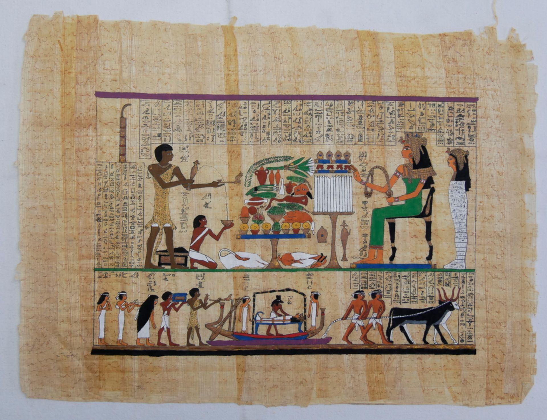 Papyrus aus Ägypten "Nefertari die Reise ins Jenseits" mit naturbelassenen Rändern. Blattmaße: