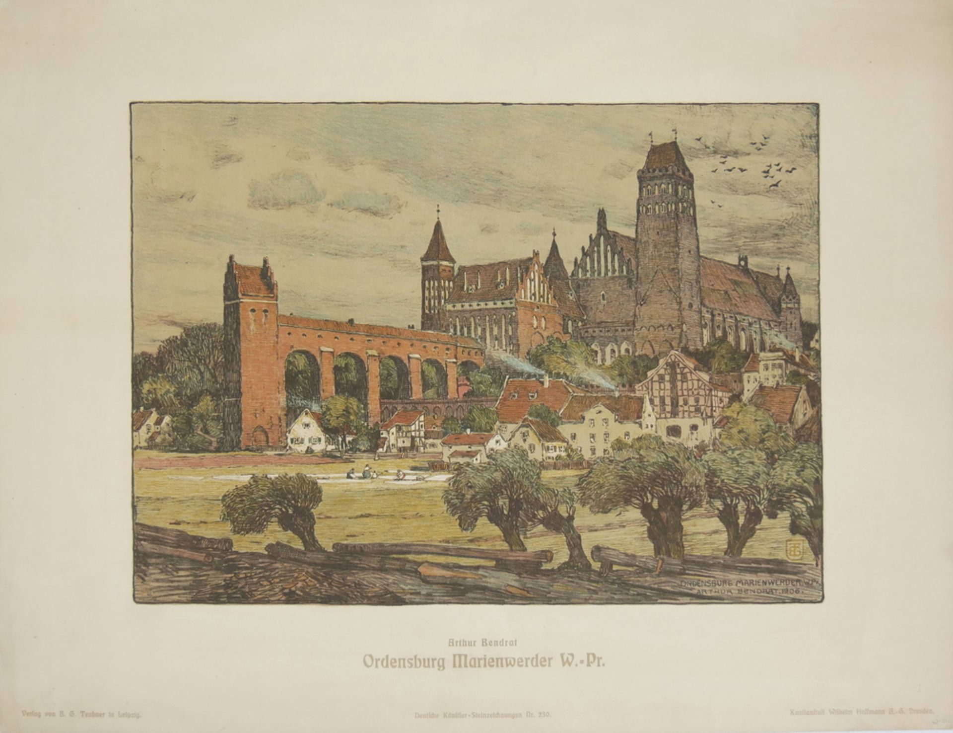 Farblithografie "Ordensburg Marienwerder" Arthur Bendrat 1872 - 1914. Maße ca. 44 x 57 cm