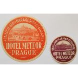 2 antike Hotel Kofferaufkleber "Hotel Meteor Prague"