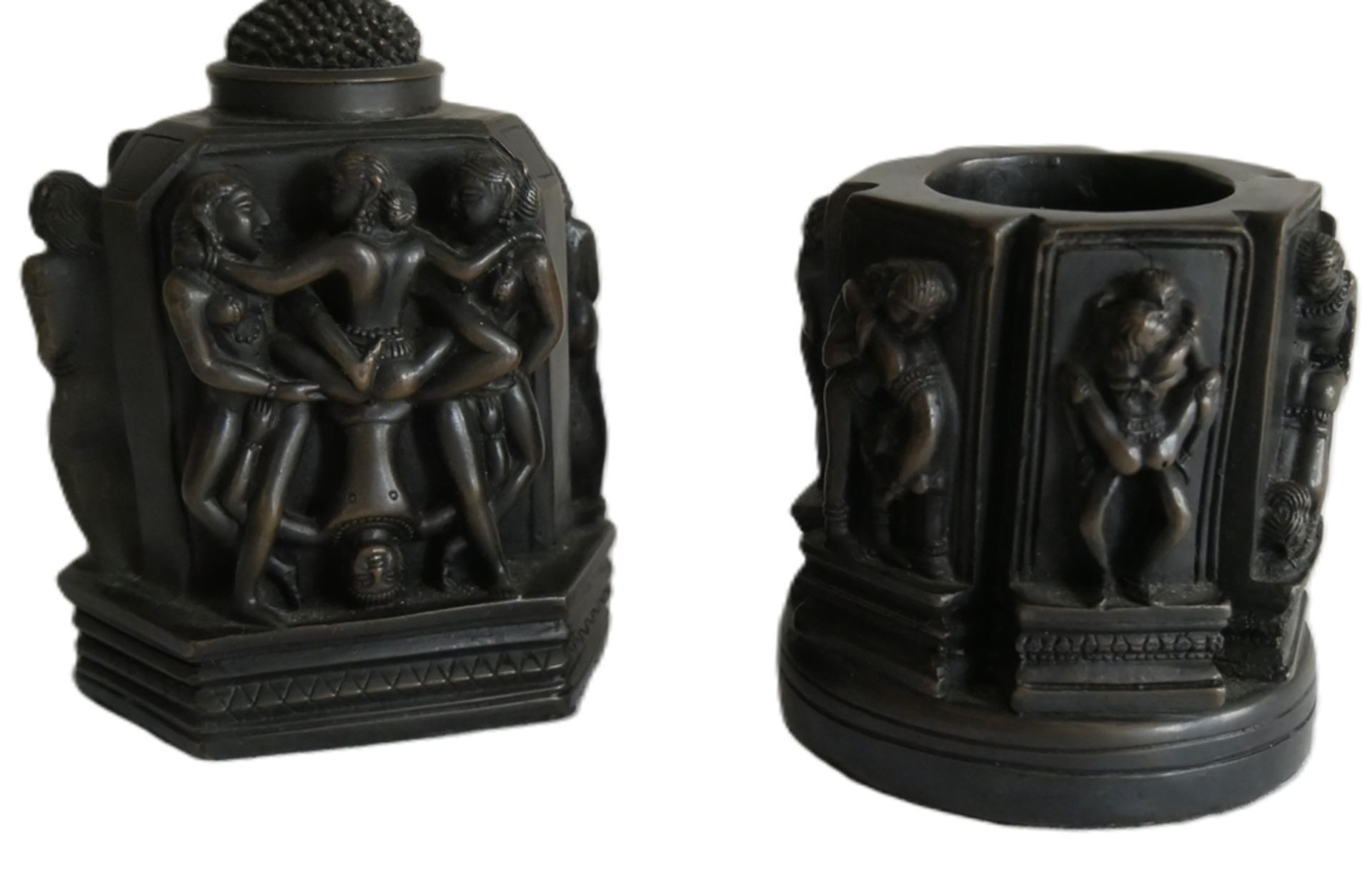 2 Bronze? Indische Skulpturen "Tantra". Höhe bis ca. 12,5 cm