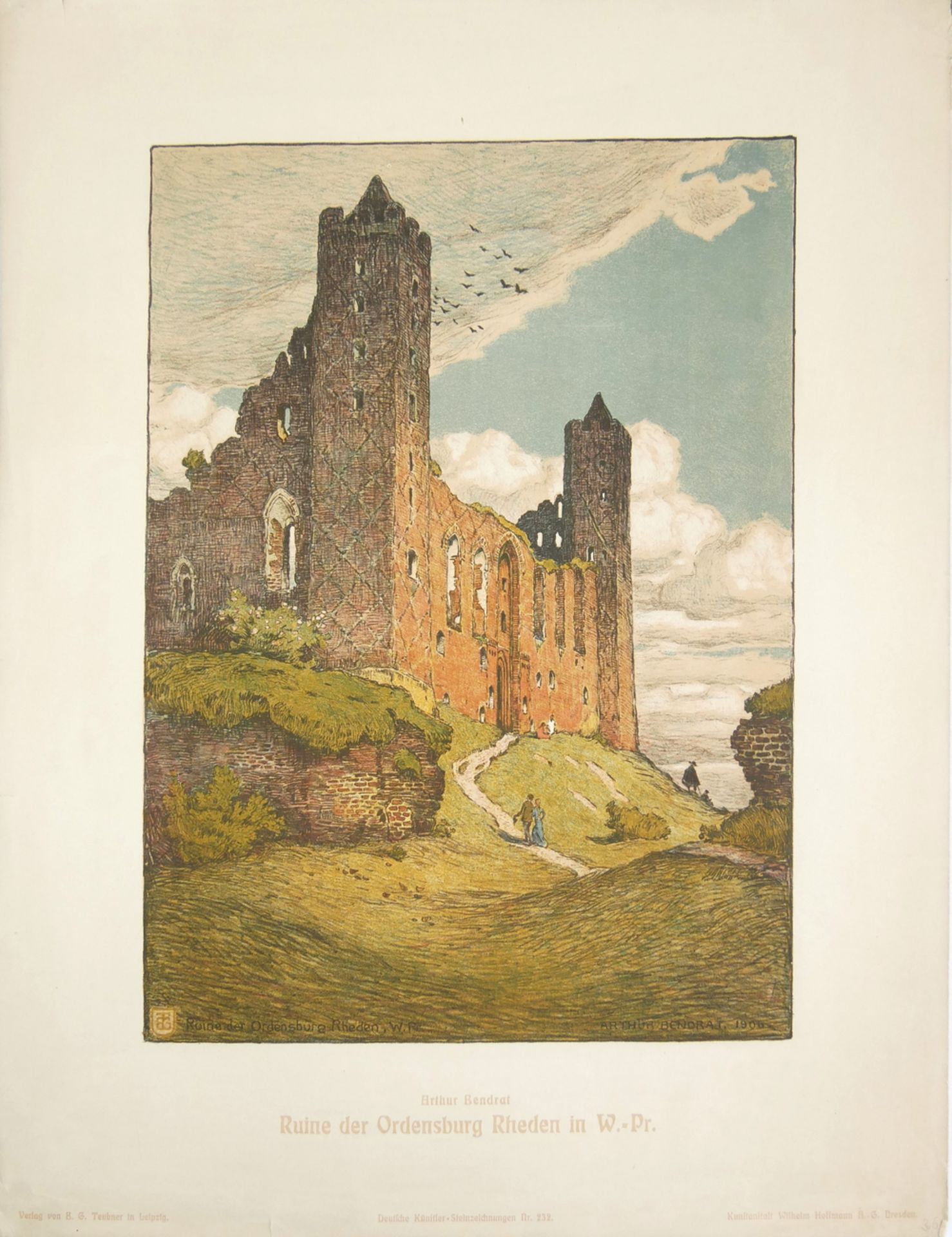 Farblithografie "Ruine der Ordensburg Rheden in W.-Pr." Arthur Bendrat 1872 - 1914. Maße ca. 44 x 57