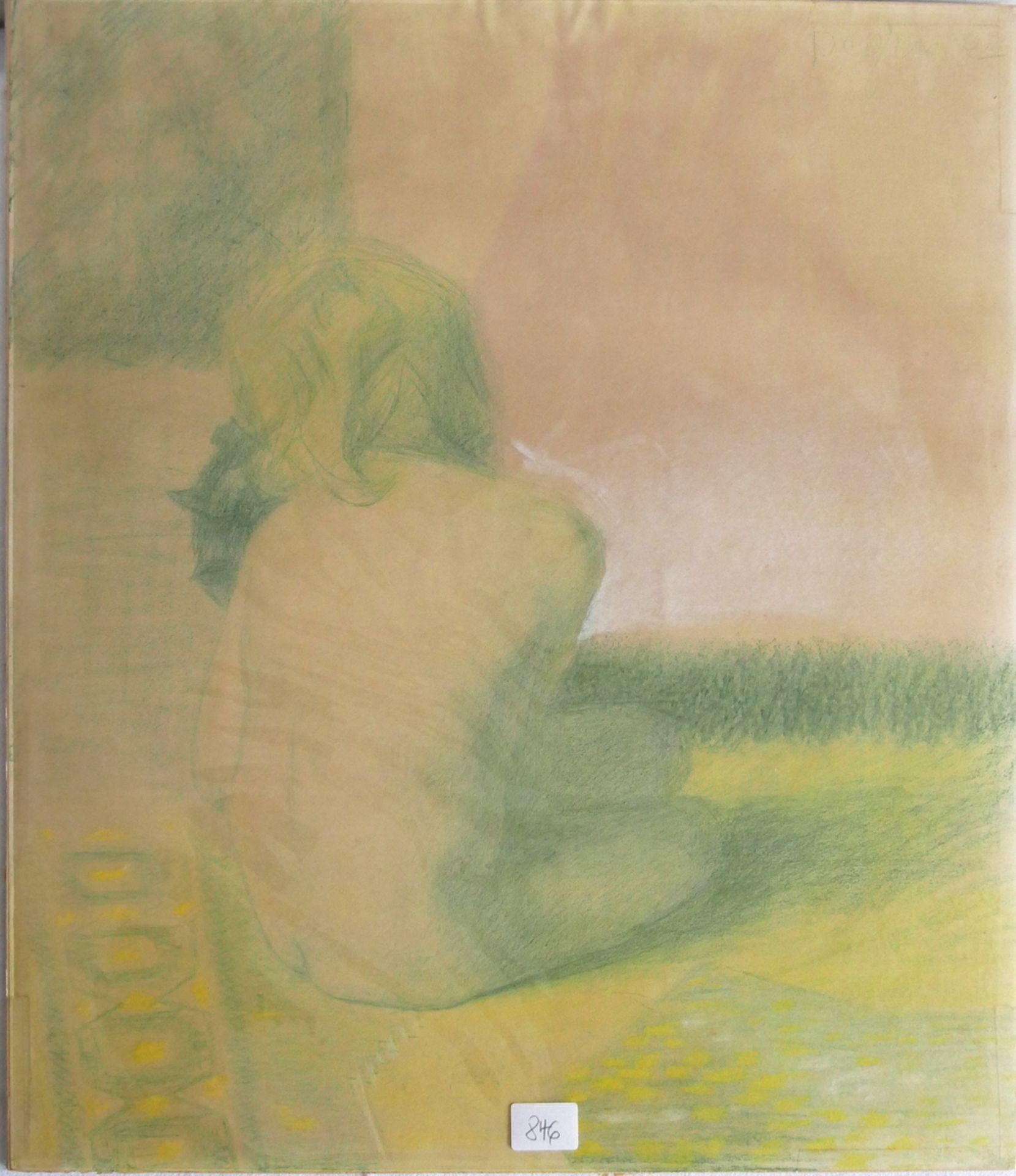 Kreidezeichnung "Rückansicht" in grün und gelb gehalten auf Malkarton. Blattmaße: Höhe ca. 48 cm,
