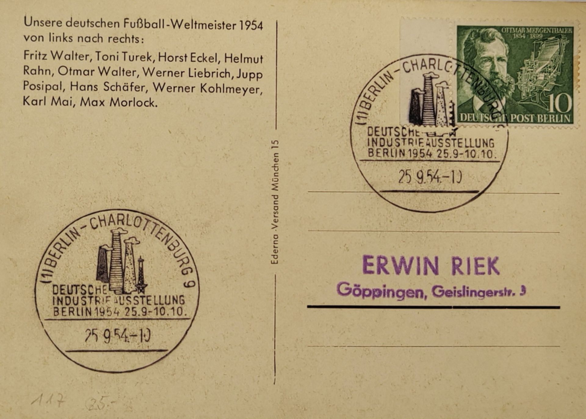 Unsere deutschen Fußball - Weltmeister 1954 von links nach rechts.. Stempel Berlin - - Bild 2 aus 2