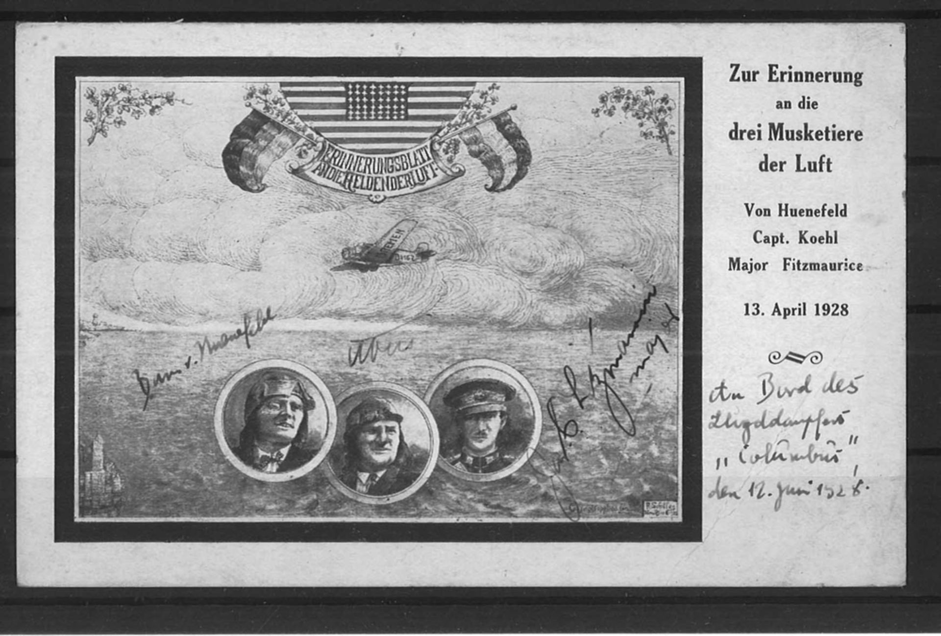 Postkarte "Zur Erinnerung an die drei Musketiere der Luft" 13. April 1928