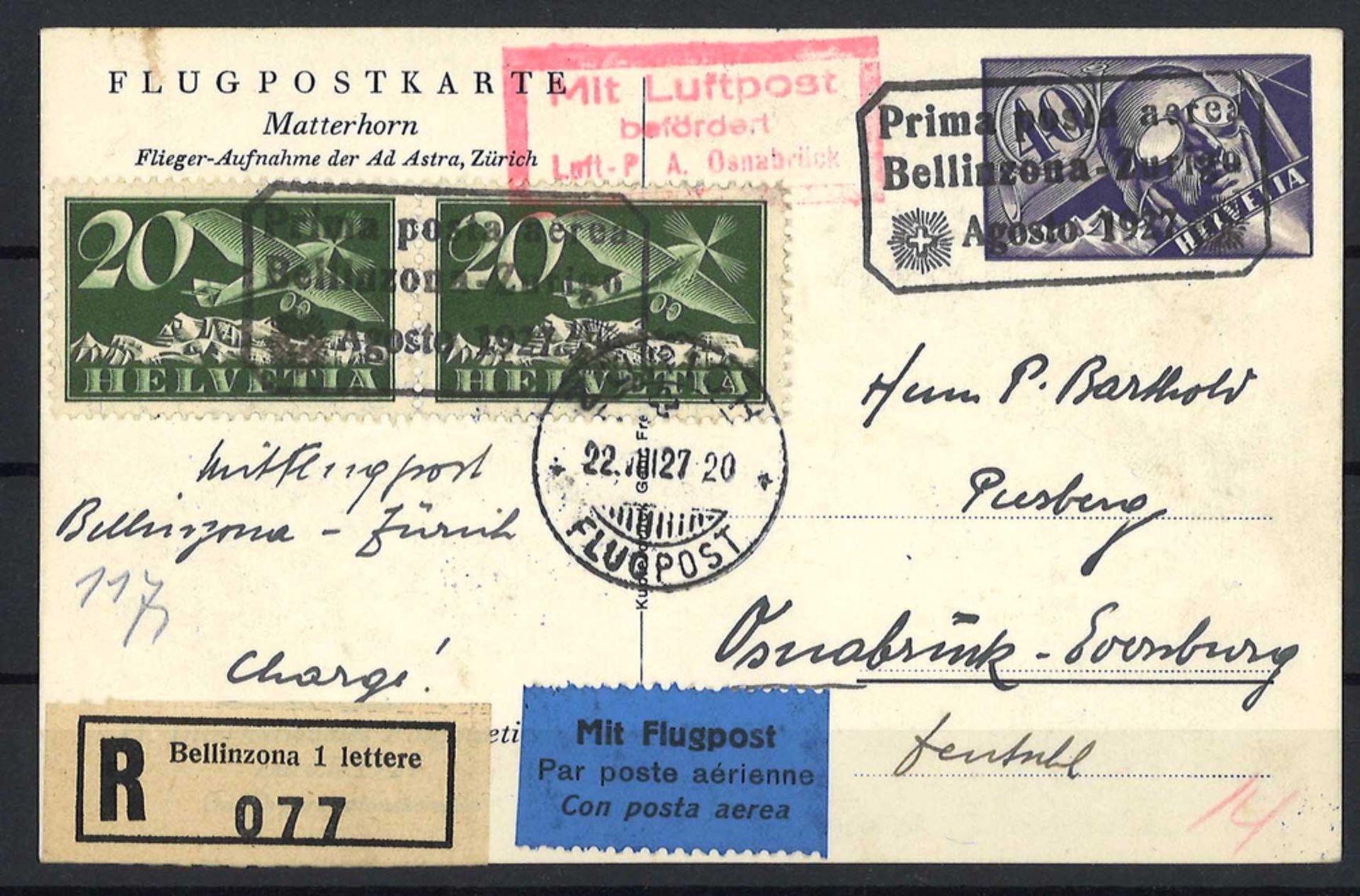 seltene Flugpostkarte Schweiz 1927 Matterhorn, gelaufen. Top Erhaltung