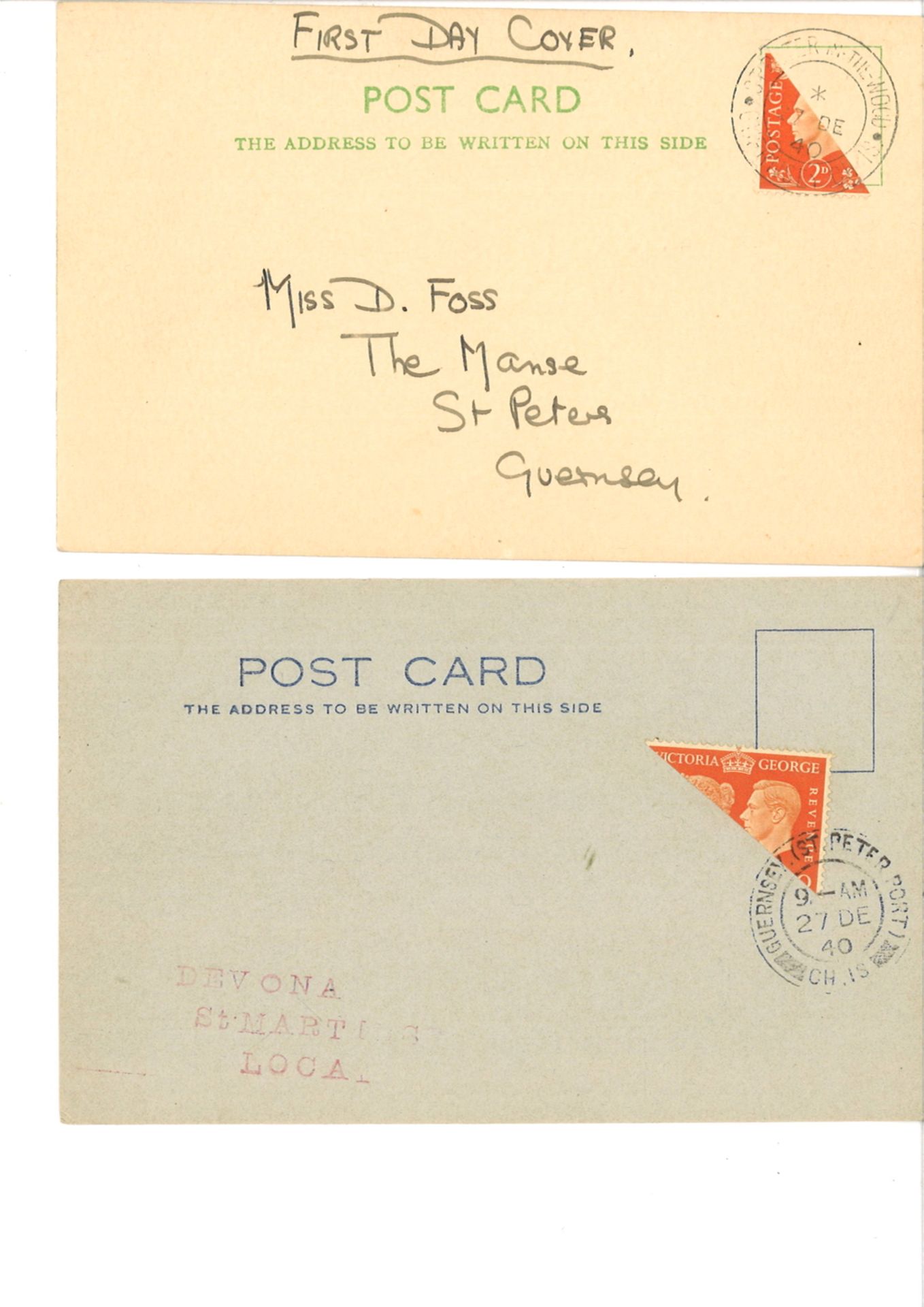 2 Postkarten Guernsey, gelaufen 27. Dezember 1940. 1x First Day Cover