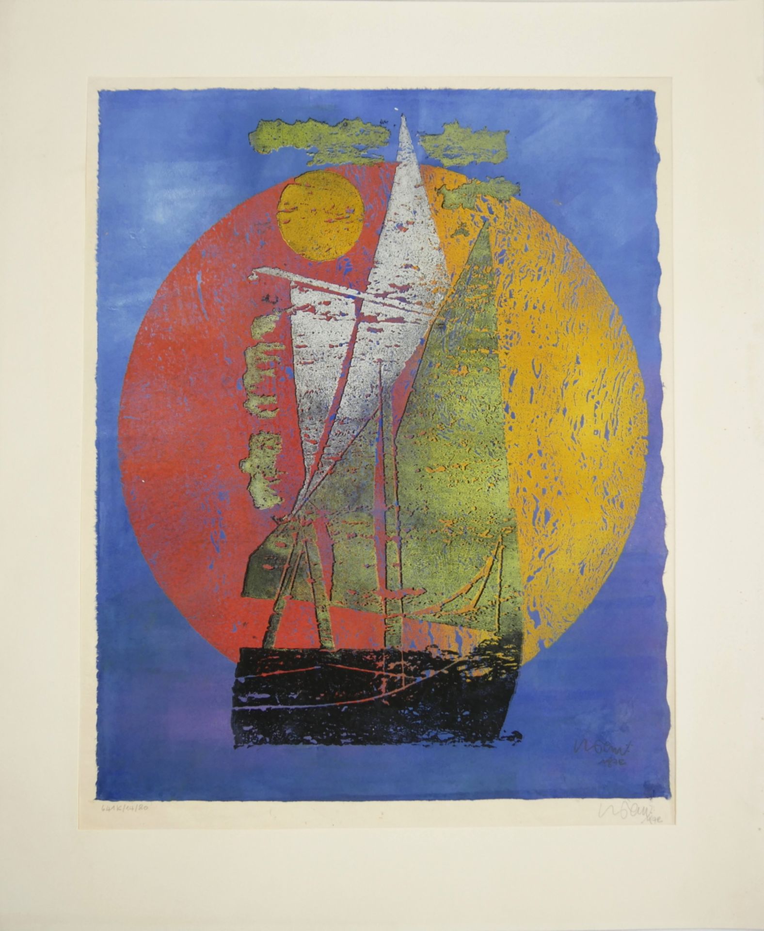 Druckgrafik "Segelschiff bei Sonnenuntergang" unleserliche Signatur. 641K/14/80, rechts unten