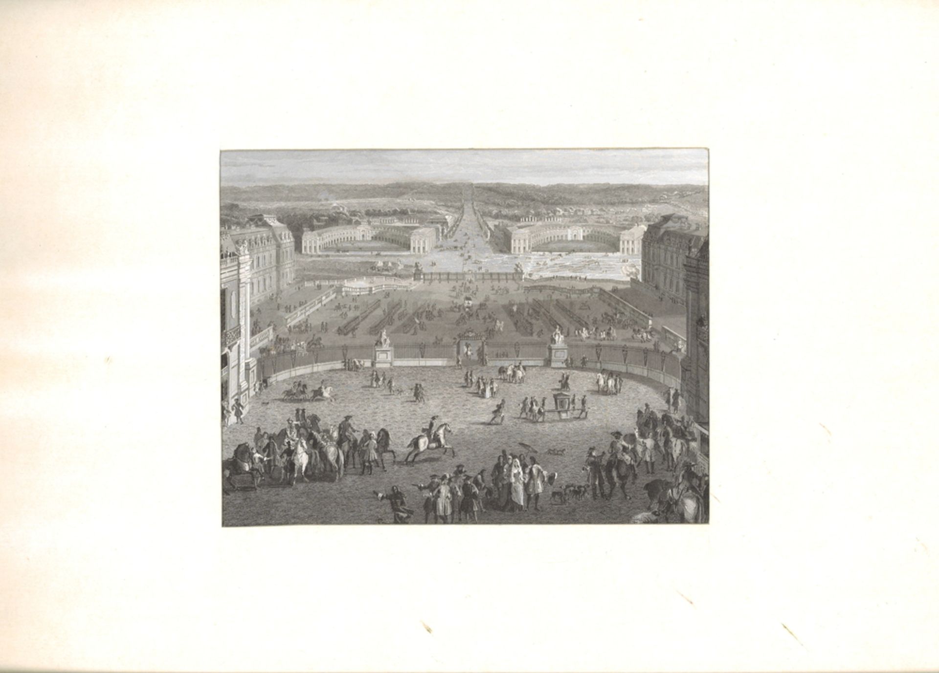 Stich "Versailles vers 1685" Vorplatz des Schlosses mit kleiner Stallung. Gestochen von Thomas,