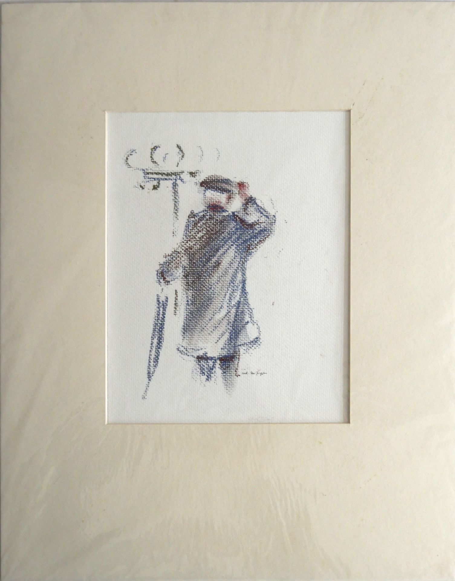 Farb-Zeichnung " Im Aufbruch" , Signatur unten mittig Carl Reißinger, Maße: Breite ca. 21,5 cm und