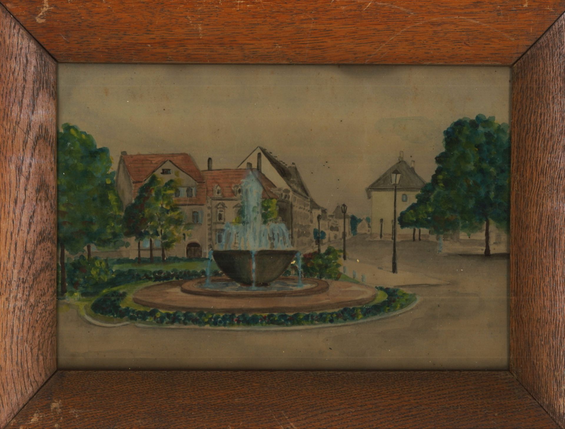 unbekannter Künstler. Aquarell "Stadtbrunnen" hinter Glas gerahmt. Gesamtmaße: Höhe ca. 25 cm,